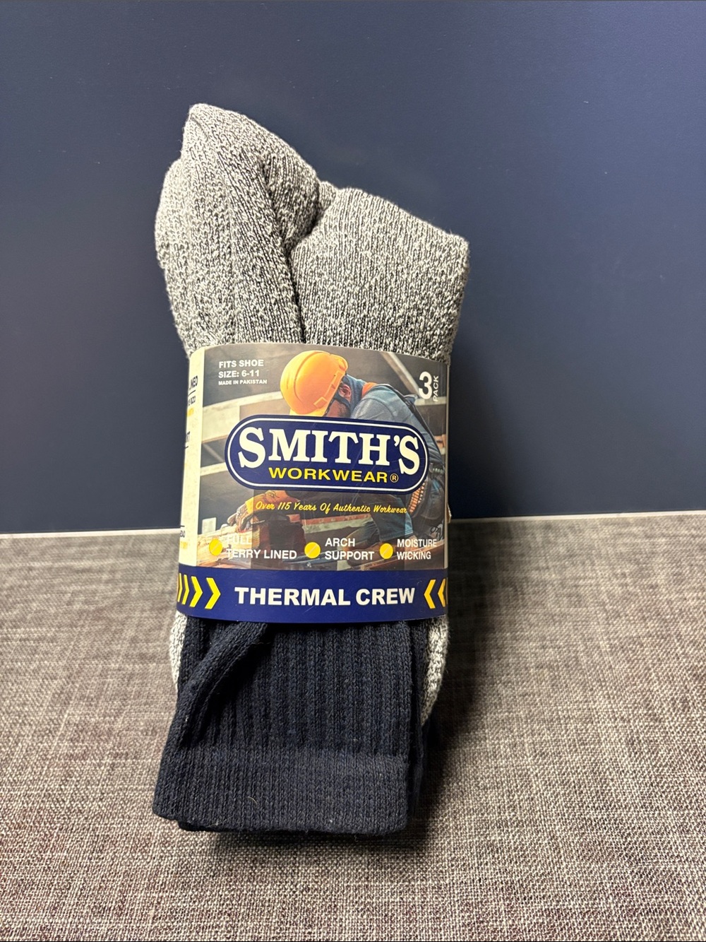 Smiths workwear Men's Thermal Crew Socks - Gray & Black 3 pack arch support new